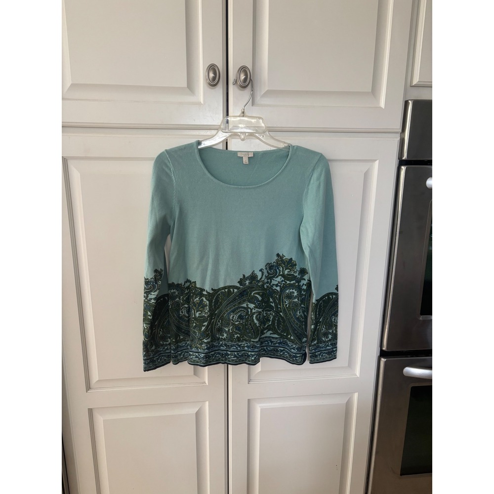 Talbots Petites Women Aqua Blue Paisley Border Print Cotton Knit Sweater Size P